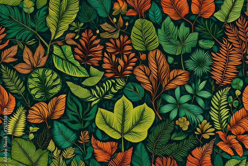 seamless background with leaves, Immerse yourself in the lush world of botanical beauty with an AI-generated image capturing the essence of plant decorative leaves in a mesmerizing pattern background