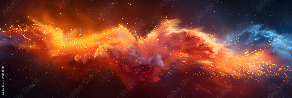 Explosive Burst of Red and Yellow Powder on a Dark Background,
Orange blue powder explosion abstract on black background