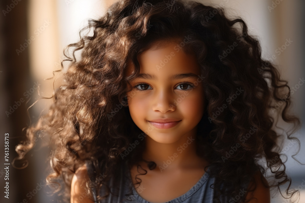 Young girl with long, curly hair is smiling at camera