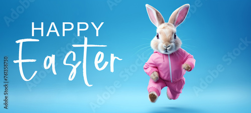 Funny easter concept holiday animal greeting card illustration with text - Cool jumping running easter bunny with pink jogging suit, isolated on blue background