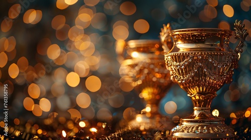 golden trophies luxurious against a festive bokeh lights background, text copy space