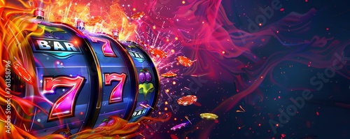 A vector banner graphic of 7's slots with an explosion of fire and betting chips, Las vegas, Gambling with copy space for text