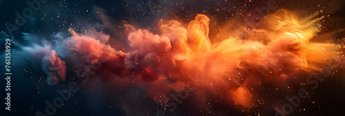 Explosive Burst of Red and Yellow Powder on a Dark Background, Colorful multi-colored dust splashes background of pastel powder explosion on black background 