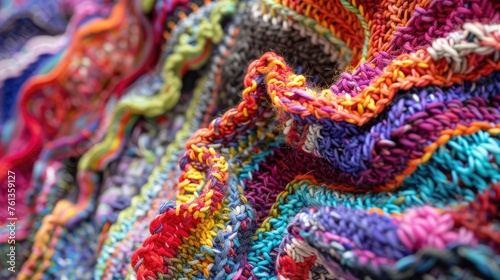"Colorful knitted textures in a pile. Macro shot of hand-knitting patterns. Textile and craft concept for design and print. Design for textile, interior, wallpaper." © LOMOSONIC