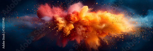 Explosive Burst of Red and Yellow Powder on a Dark Background, Ukrainian flag colors form cloudy holiday fireworks smoke explosion