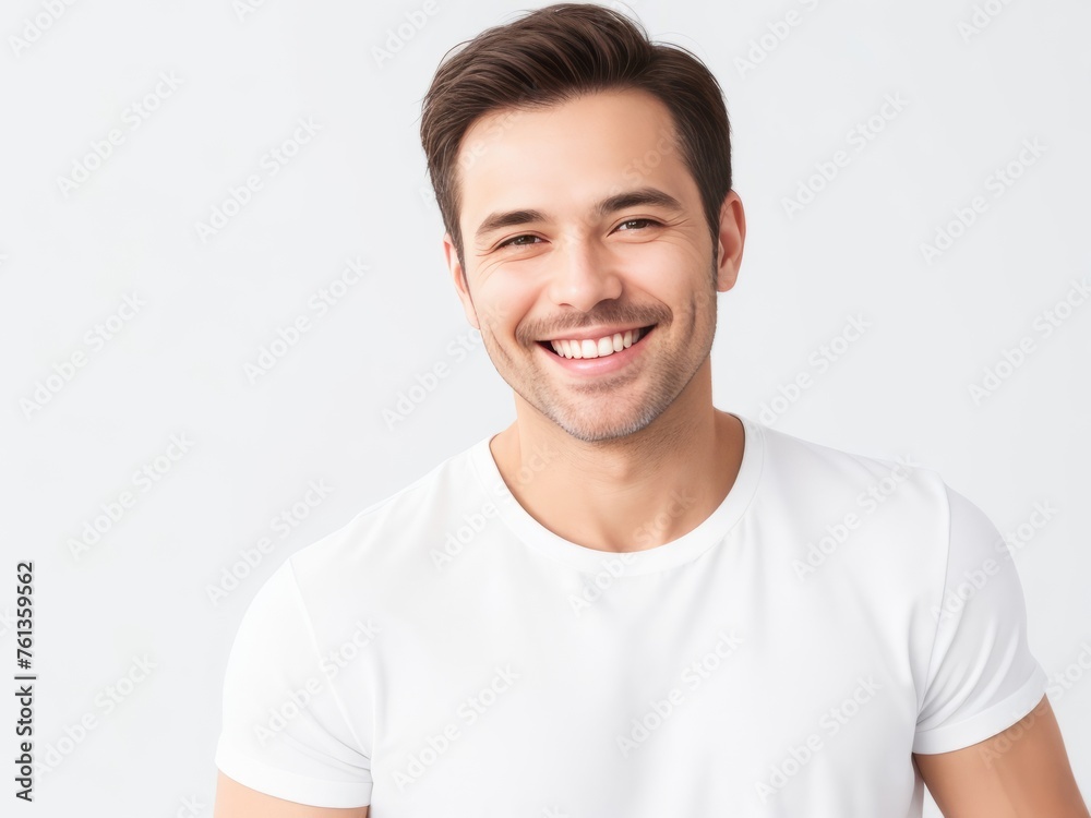 Portrait of a handsome man with a bright smile wearing a plain white t-shirt Portrait of a handsome man with a bright smile wearing a plain white t-shirt