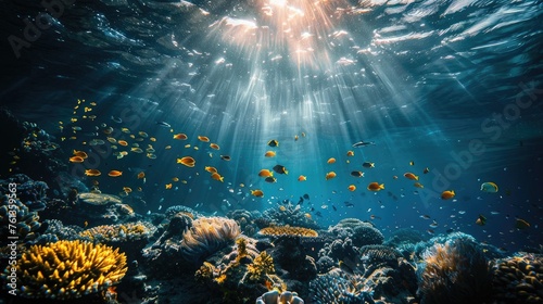 "Underwater world with tropical fish. Marine life landscape. Sunbeams under water. Aquatic wildlife. Design for poster, wallpaper, or aquarium background."