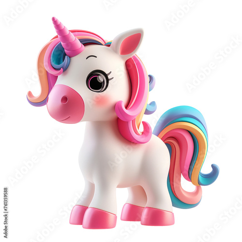 Happy cheerful girl unicorn horse cartoon character in 3d design style and colorful rainbow mane hair standing side view. Cute fairytale fantasy animal concept