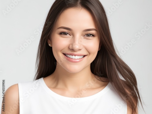 Beautiful Woman with Dark Brown Hair on Plain Background