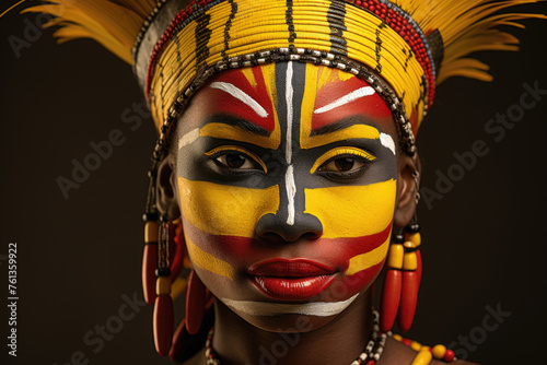 Woman with painted face and yellow and red headdress