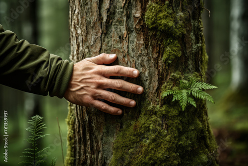 Person's hand is touching tree trunk covered in moss © vefimov