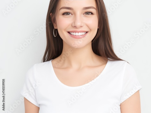 Beautiful Woman with Dark Brown Hair on Plain Background © Momo