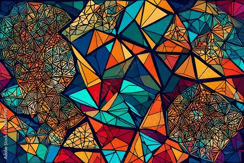 stained glass window, Immerse yourself in the mesmerizing world of abstract art with an AI-generated illustration featuring an intricate Delaunay Voronoi trianglify background