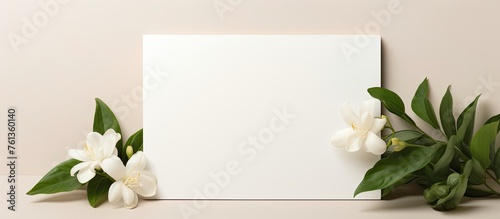 A white canvas featuring an arrangement of white flowers, green leaves, and twigs on a beige background, creating a serene still life photography composition