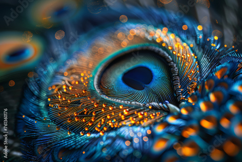 A close-up photograph of a peacock's iridescent plumage, showcasing an array of jewel-toned colors in nature's intricate design. Concept of vibrant peacock coloration. Generative Ai. © Sebastian