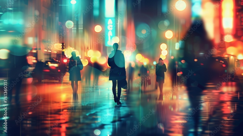 Silhouettes of people walking on a rainy street at night. Vibrant city life full of colourful lights.
