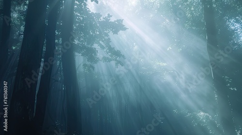 "Sunlight piercing through the misty forest canopy. Ethereal woodland atmosphere. Sunbeam and fog nature scene. Design for meditation background, spiritual wallpaper, or tranquil scene."
