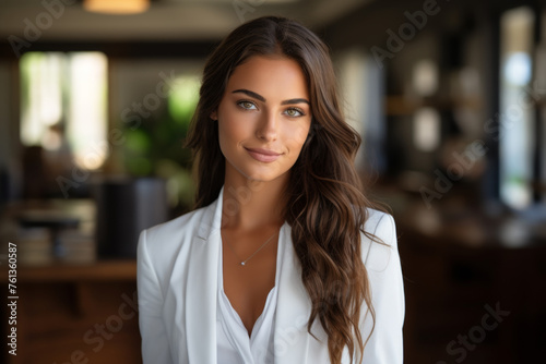 Woman with long brown hair and white blazer is smiling for camera
