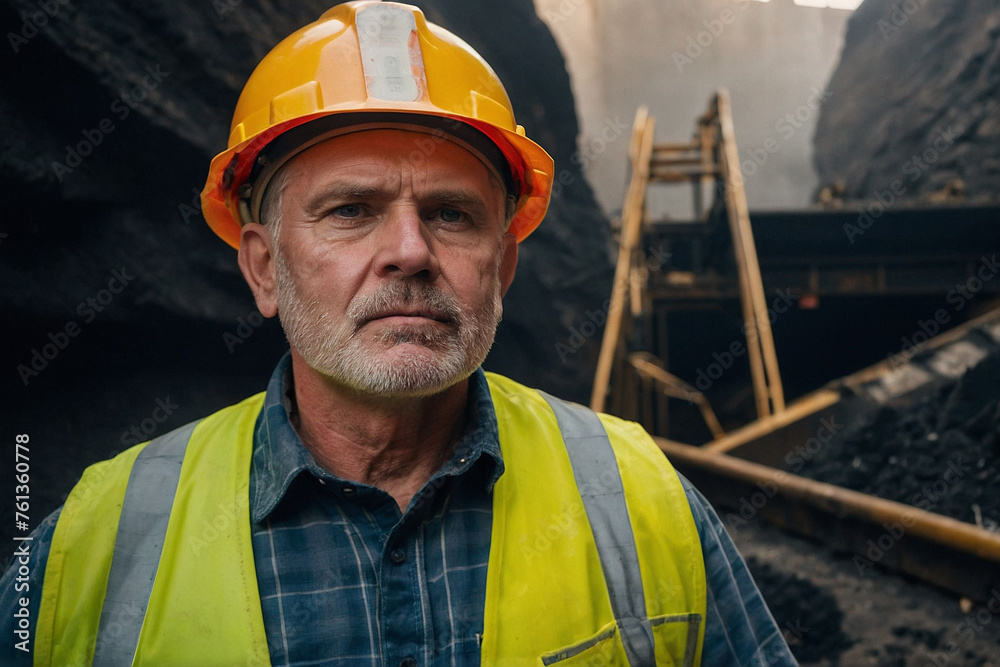 A tired miner in a coal mine looks at the light. Work in a coal mine. Portrait of a miner. Copy space. A tired miner in a coal mine looks at the light. Work in a coal mine. Portrait of a miner. Copy space.