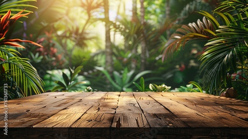 wooden classic table with excotic tropical background  text copy space