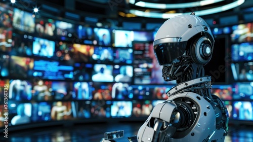 A visually captivating scene depicting a robot head inside a high-tech control room with multiple screens showing various data