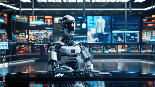 An intricate depiction of a humanoid robot sitting alert at a futuristic control desk amidst screens and data charts