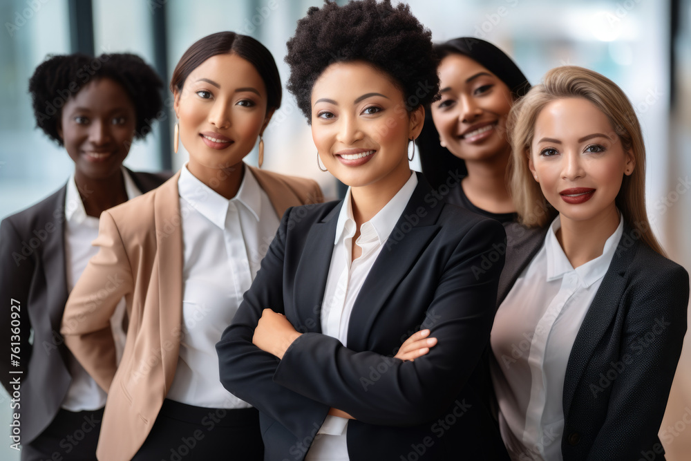 Group of women in business attire are smiling for camera Group of women in business attire are smiling for camera