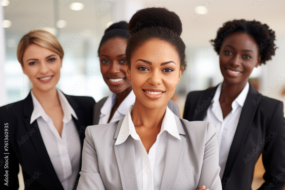 Group of women in business attire are smiling for camera Group of women in business attire are smiling for camera