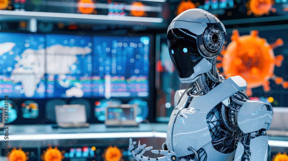 An artificial intelligence robot stands amidst a high-tech control room with interactive displays showing digital data and virus models An artificial intelligence robot stands amidst a high-tech control room with interactive displays showing digital data and virus models
