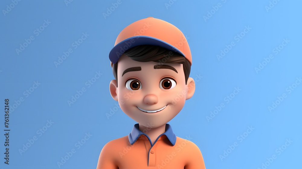 Smiling Cartoon Schoolboy in Orange Cap Against Blue Background Smiling Cartoon Schoolboy in Orange Cap Against Blue Background