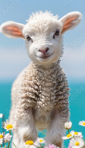 Serene young lamb in daisy field on a sunny day, embodying farm animal s natural essence