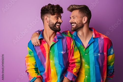 Gay couple portrait in LGBTQ rainbow flag colors. Pride Month concept.