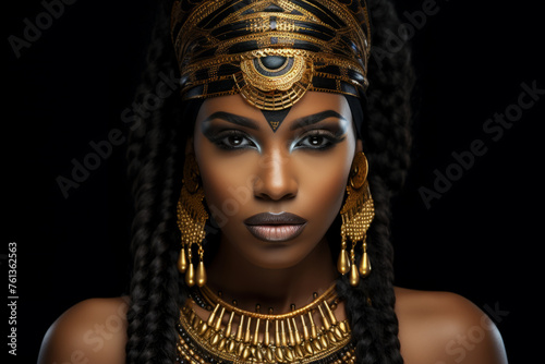 Woman with gold jewelry and gold headpiece