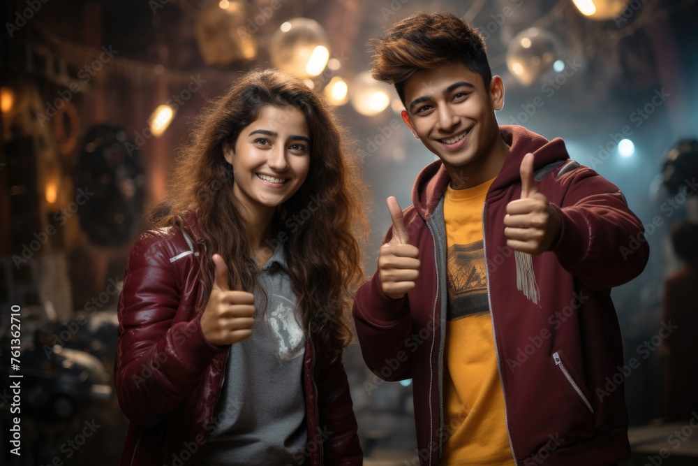 Fototapeta premium Man and woman are smiling and giving thumbs up to camera