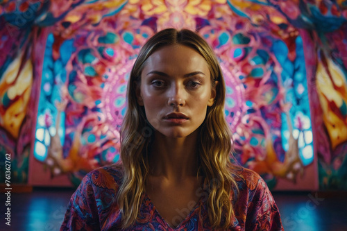 portrait of an attractive woman model standing in a room with stained glass windows