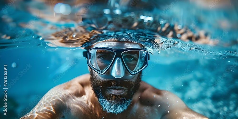 Underwater snorkeler with mask enjoying marine life in blue tropical ocean. Concept Underwater Photography, Snorkeling Adventure, Marine Life Exploration, Tropical Ocean Beauty, Blue Water Serenity