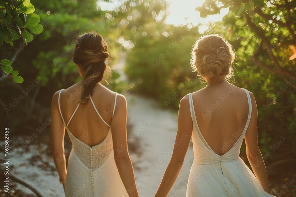 Serene lesbian walking together at sunset