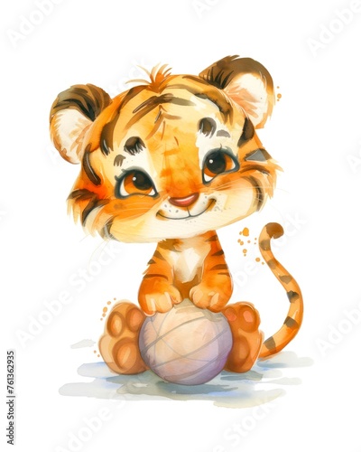 Watercolor illustration of a baby tiger with ball isolated on white background.