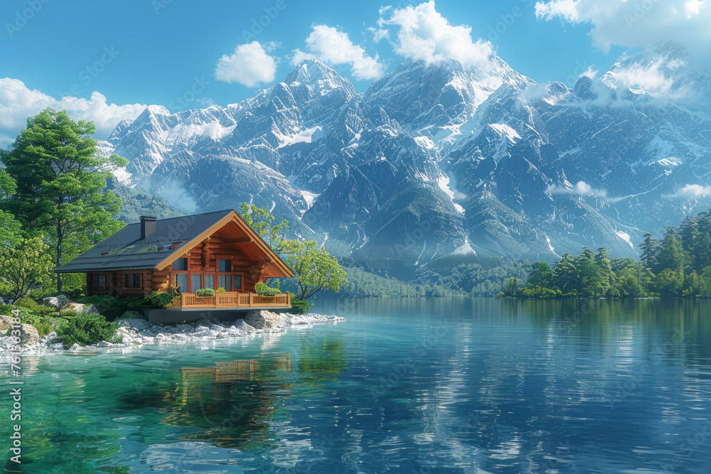 A cozy cabin perched on the edge of a crystal-clear lake, offering panoramic views of the surrounding mountains. Concept of a lakeside retreat in spring. Generative Ai.