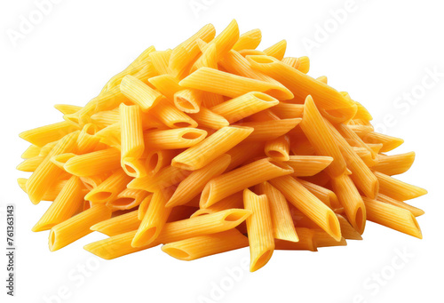 A pile of yellow pasta with a white background. The pasta is piled high and looks like it s ready to be eaten