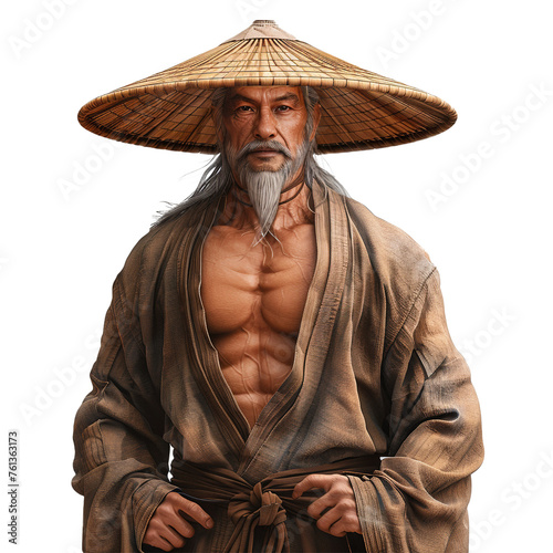 A gym trainer with a balanced body and a wise look, wearing a brown robe and a straw hat. Isolated on transparent background, png file.