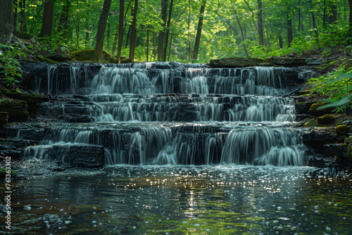 A cascading waterfall hidden within a dense forest  inviting hikers to discover the wonders of nature. Concept of a refreshing woodland adventure. Generative Ai.