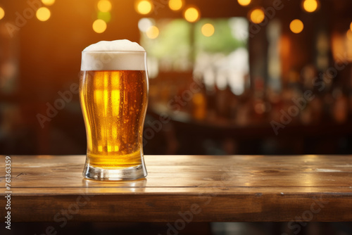 Glass of beer sits on wooden table in bar