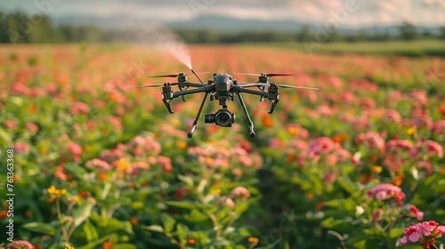 Aerial View of Camera Flying Over Flower Field