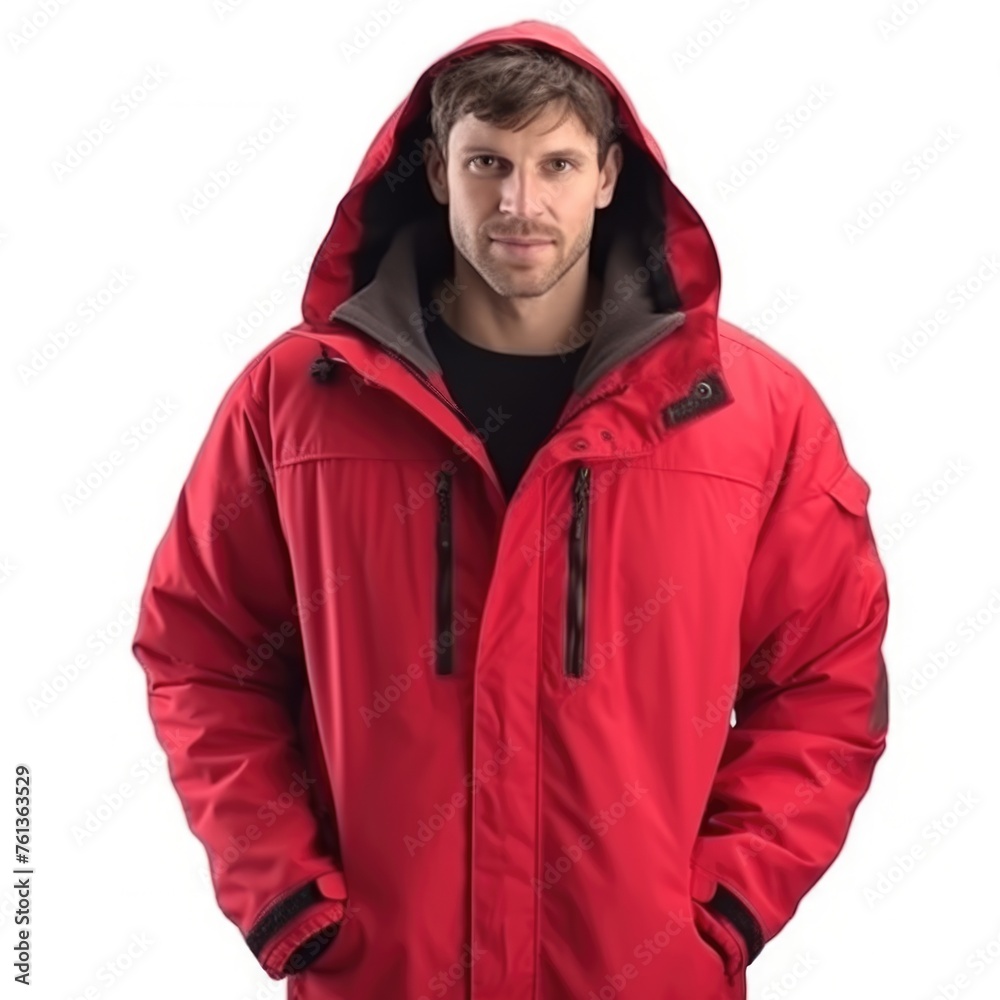 A Man Wearing Red Hoodie Winter Jacket During Winter Season. Fictional character created by Generated AI. A Man Wearing Red Hoodie Winter Jacket During Winter Season. Fictional character created by Generated AI.