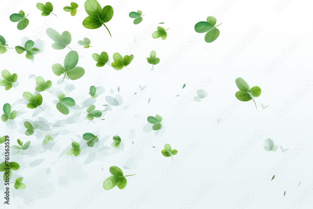 White background with green leaves flying in air