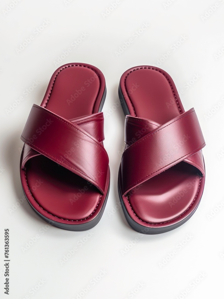 Pair of dark red leather sandals on white background. Pair of dark red leather sandals on white background.