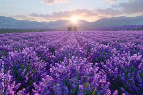 A fragrant lavender field stretching towards the horizon  immersing visitors in a sea of purple blooms. Concept of sensory delight and aromatherapy. Generative Ai.