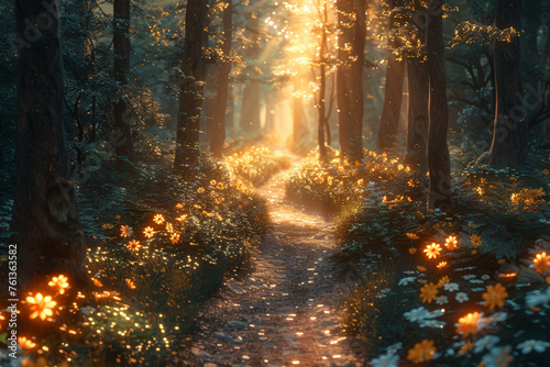 A meandering forest trail adorned with dappled sunlight, creating an enchanting atmosphere for a nature walk. Concept of exploring hidden pathways. Generative Ai.
