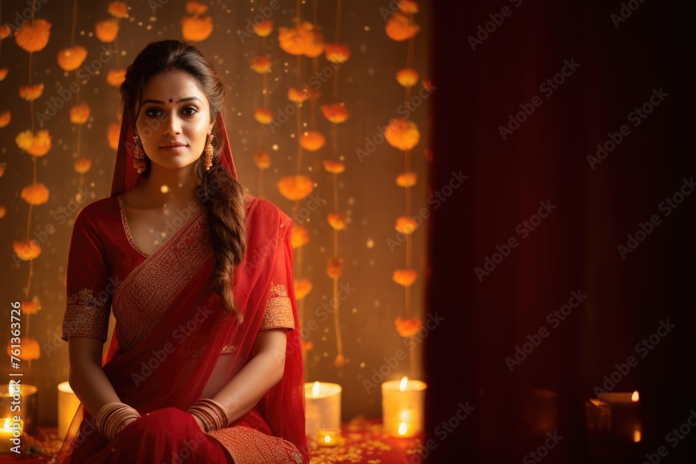 indian woman in red traditional attire (red saree) while sitting in illuminated candles background. indian woman in red traditional attire (red saree) while sitting in illuminated candles background.